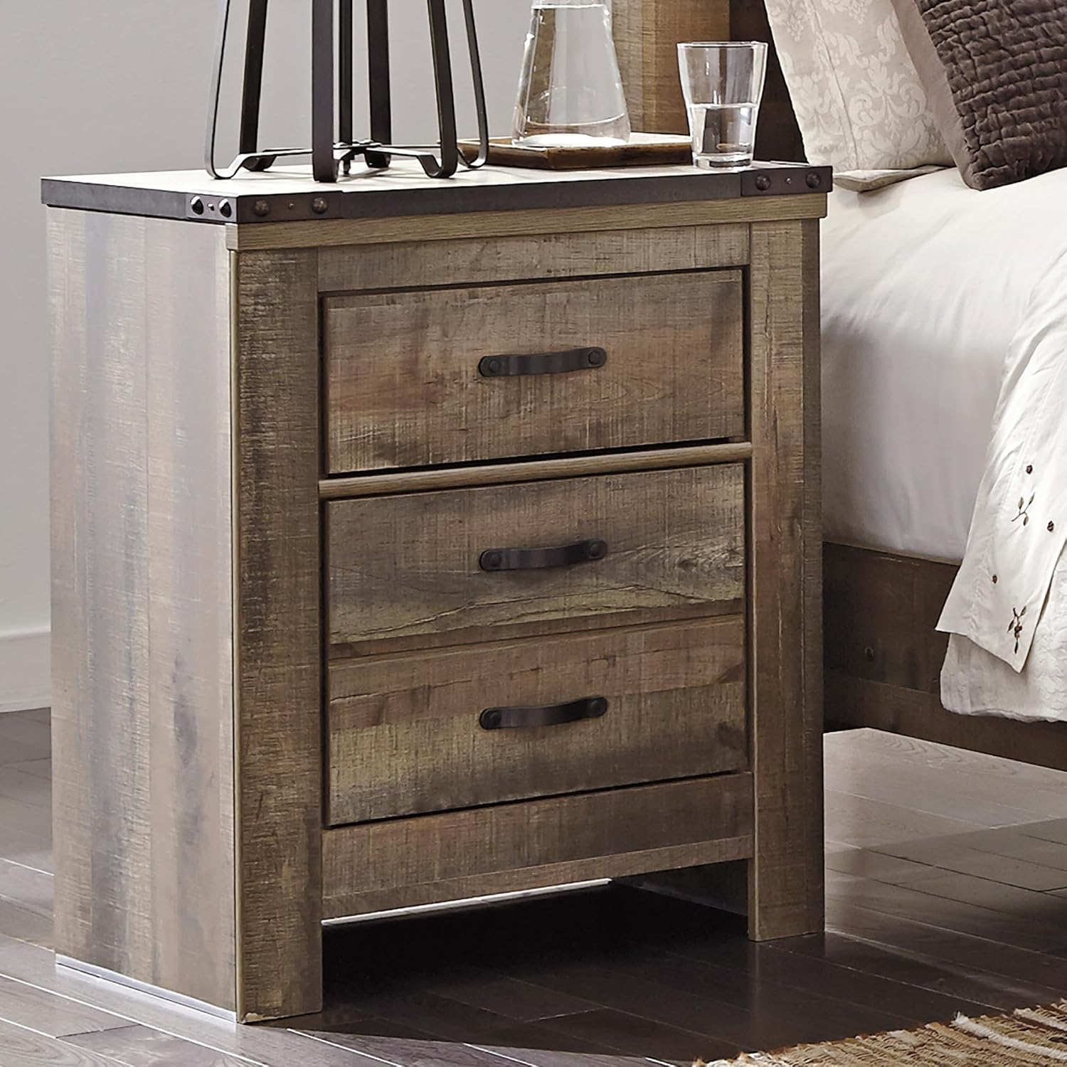 Signature Design by Ashley Trinell Rustic 2 Drawer Nightstand with USB Charging Stations, 29.65' Tall, Warm Brown
