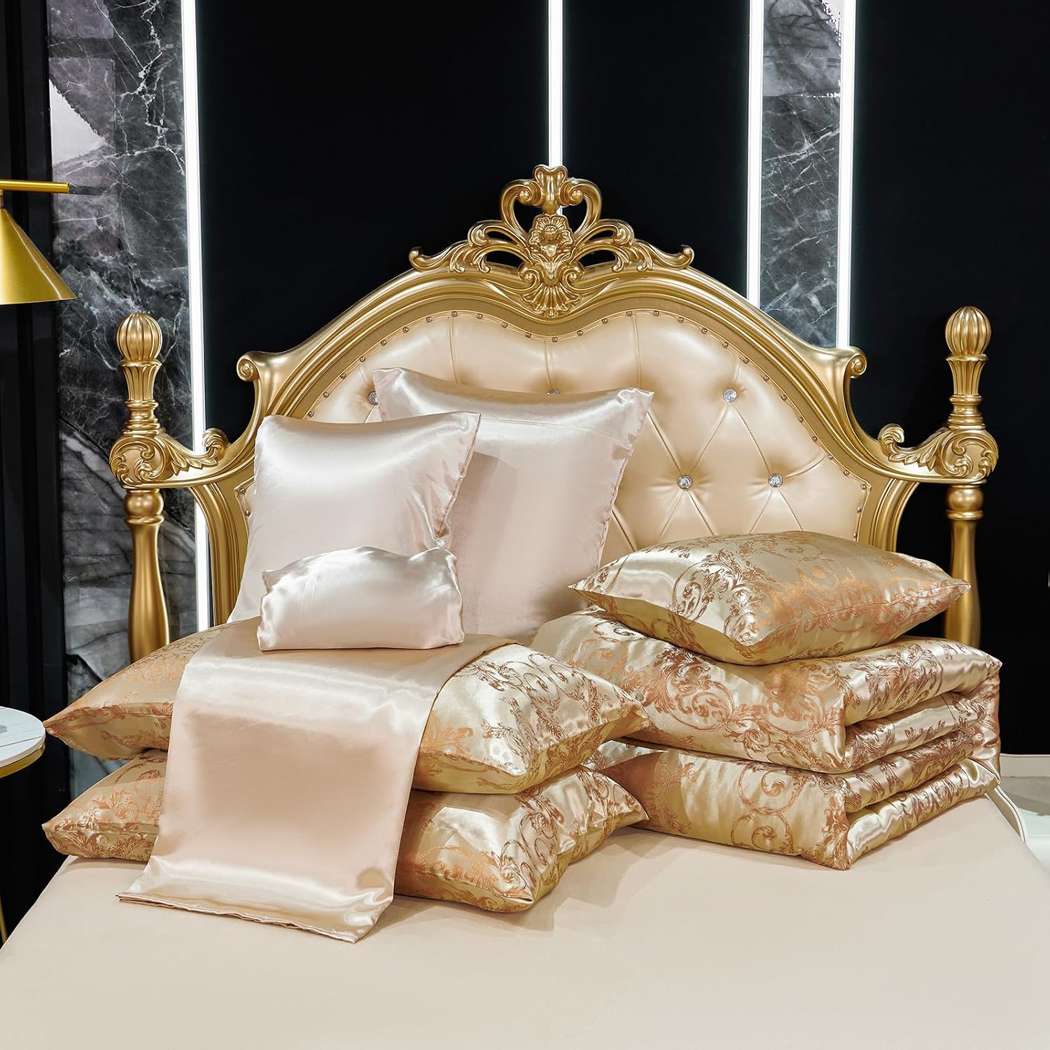 King Size 8-Piece Jacquard Comforter Set with Satin Sheets Set – Elegant Coordinated Bedding Collection for Bedroom Gold Bed-in-a-Bag
