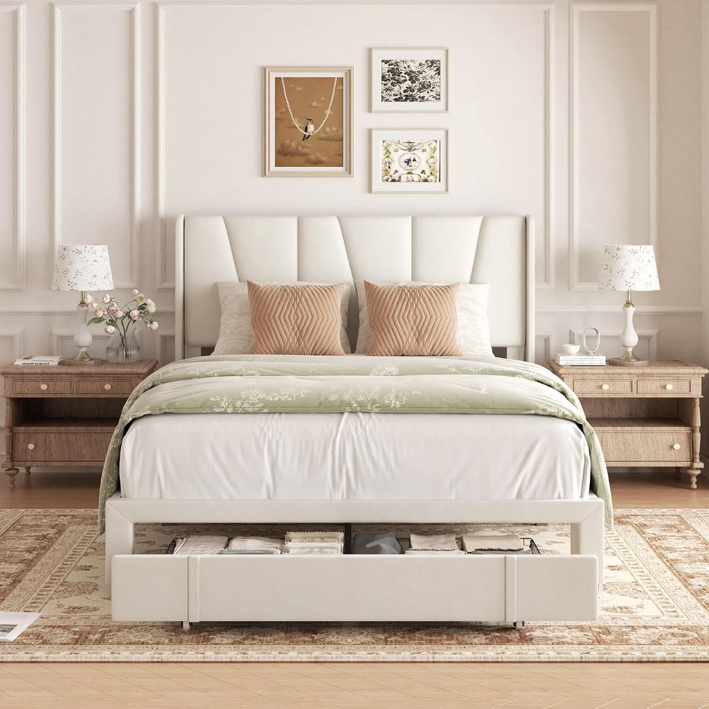 Queen Bed Frame with Storage Drawers, Upholstered Queen Size Platform Bed with 47' Tall Headboard and Wingboard, No Box Spring Needed, Noise Free, Easy Assembly, Wooden Support Slats, Beige