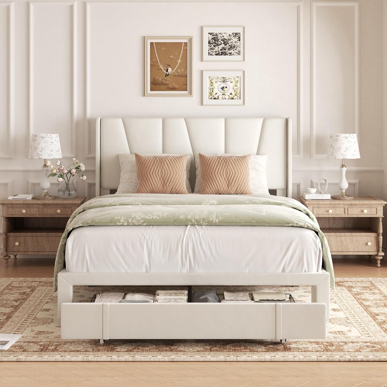Queen Bed Frame with Storage Drawers, Upholstered Queen Size Platform Bed with 47' Tall Headboard and Wingboard, No Box Spring Needed, Noise Free, Easy Assembly, Wooden Support Slats, Beige