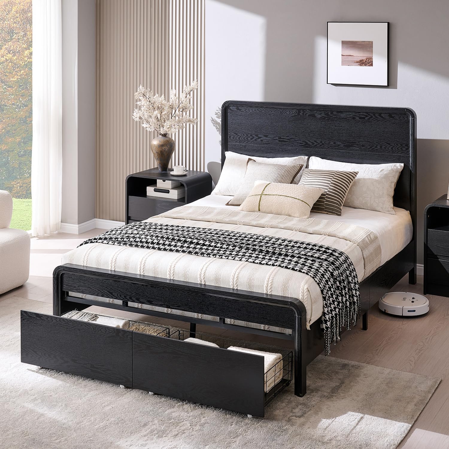 Aitjunz Modern Queen Size Bed Frame with 50' Tall Headboard, Wood Queen Size Platform Bed Frame w/3 Storage Drawers, Curved Profile Design, Wood & Steel Platform Bed, No Box Spring Needed, Black