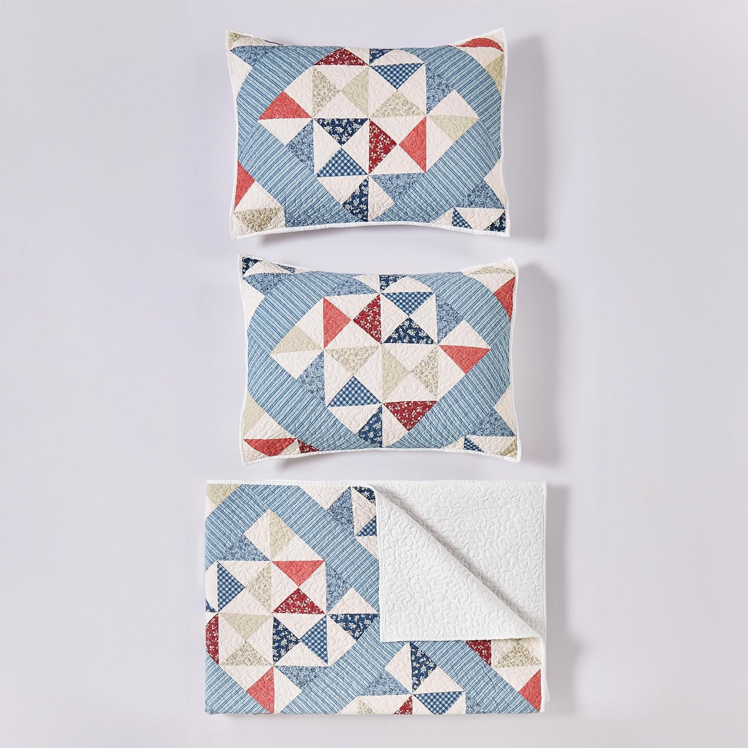 Modern Heirloom Americana Heartland Quilt Set, Full/Queen | Pieced Sashing with Printed Star & Pinwheel Blocks| Red, White, and Blue| Cotton Face and Fill| 3-Piece
