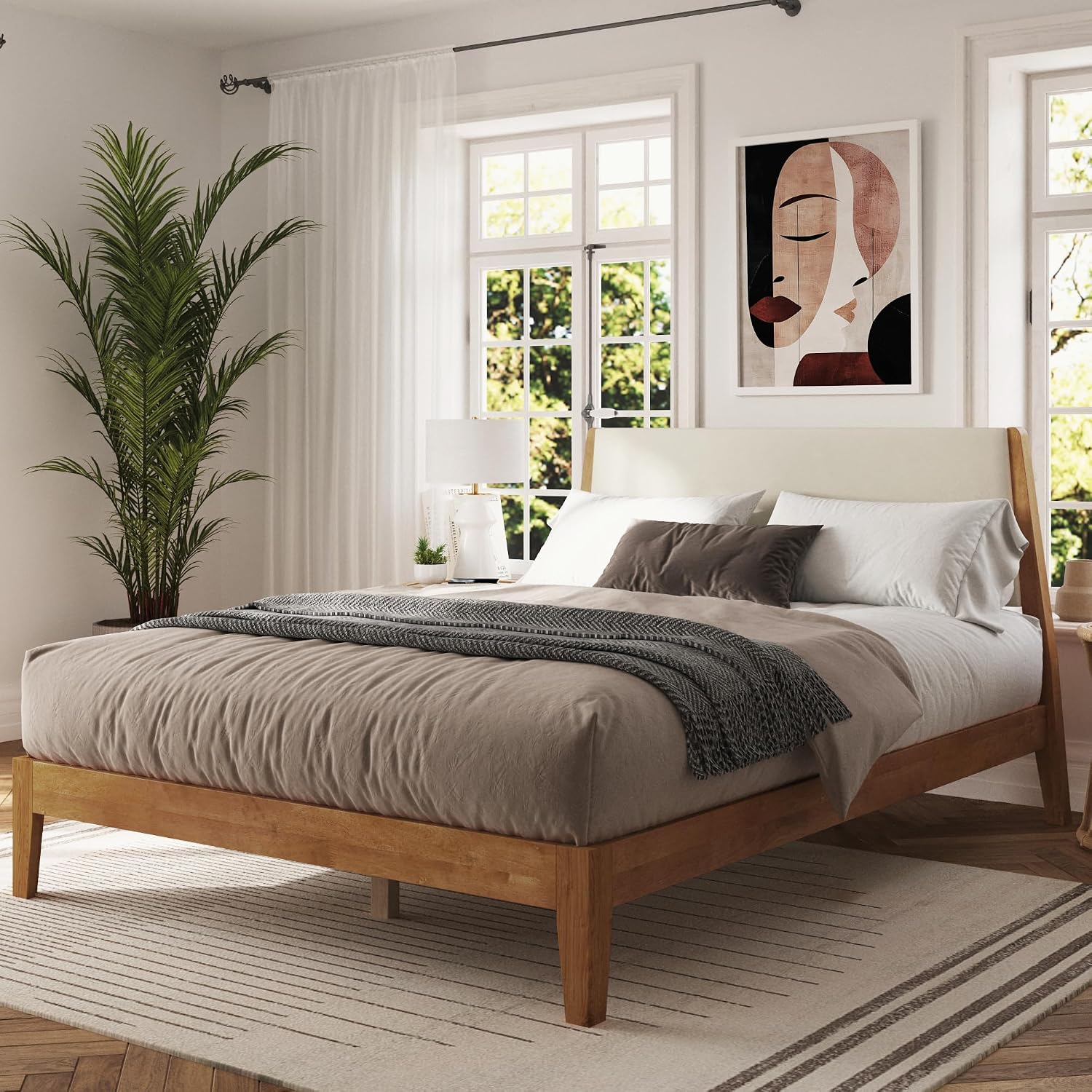 DG Casa Vandermark Solid Wood Easy Install Full Bed Frame with Unique Headboard and Wooden Slat Support Included No Box Spring Required - Beige Walnut