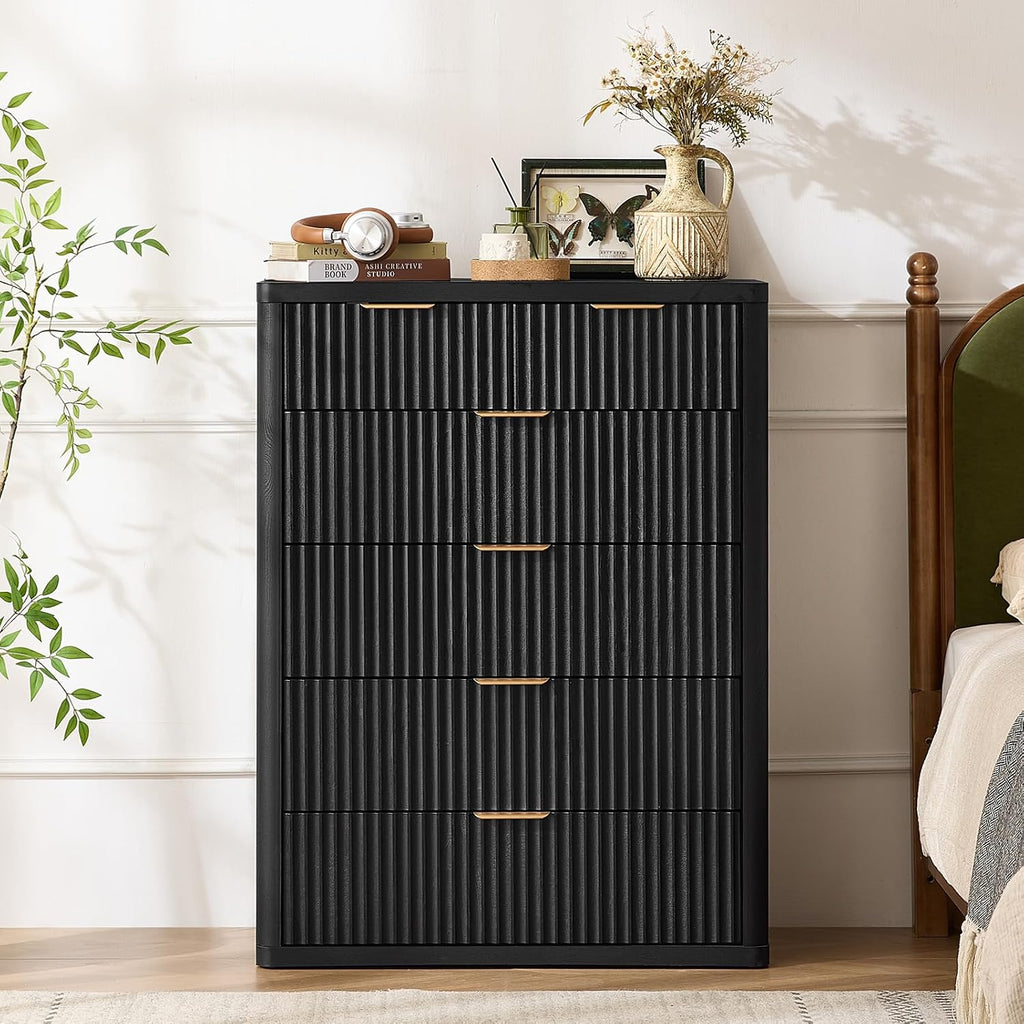 LEYAOYAO 42' Tall Fluted Dresser and 3 Drawers 23' Nightstand Set of 2, Wooden Dresser & Night Stand with Charging Station, 3 Piece Bedroom Furniture Set, Wood Chest of Drawer for Living Room,Black