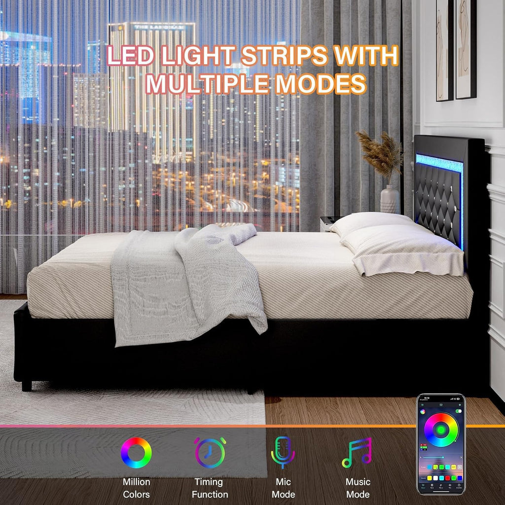 BarnFurin King Size Bed Frame with LED Lights and Storage Drawers, Upholstered Platform Bed with Crystal Tufted Headboard, Wooden Slats Support, No Box Spring Needed, Easy Assembly, Black