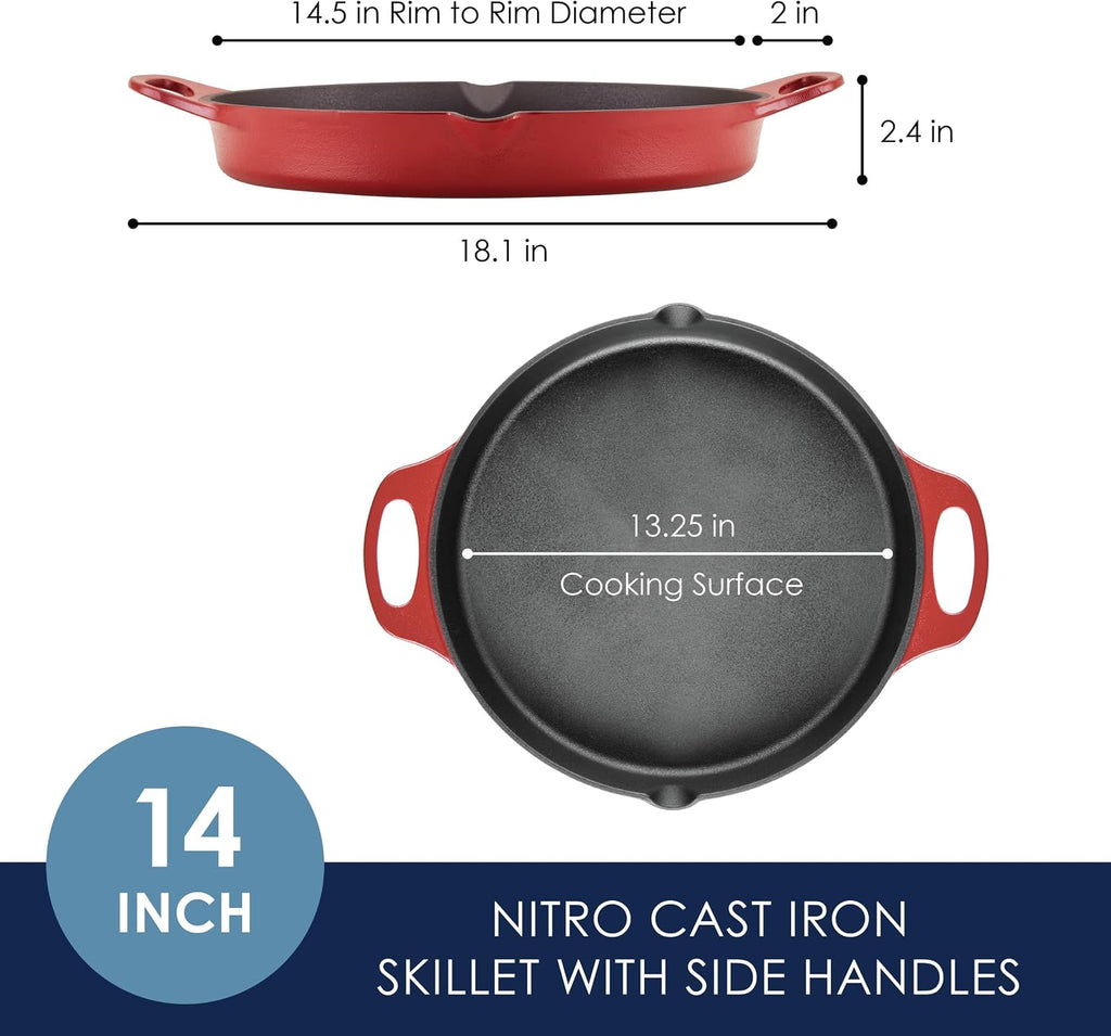 Rachael Ray Nitro Cast Iron Skillet with Side Handles, 14 Inch, Red