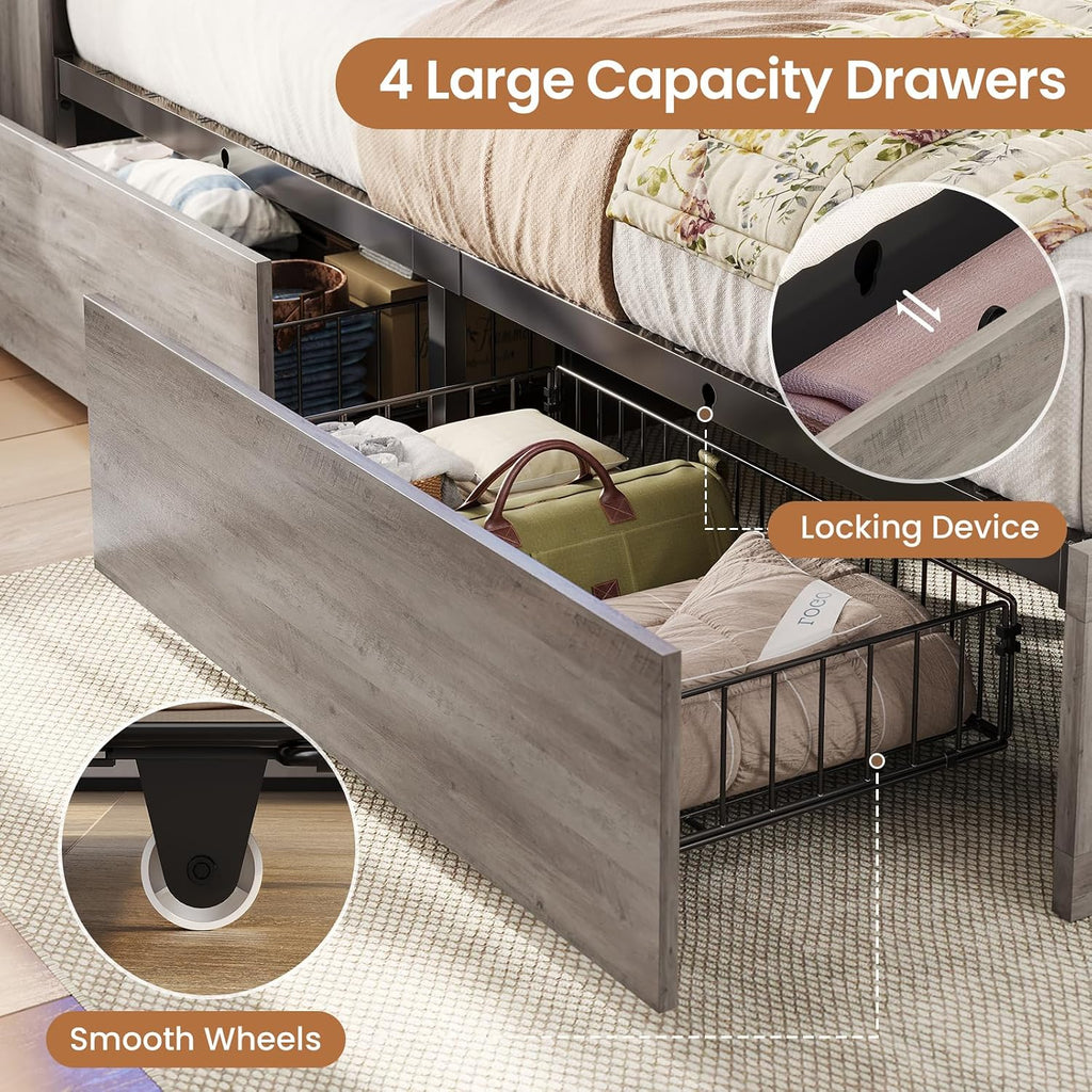 VIAGDO Farmhouse Bed Frame Twin Size with Bookcase Storage Headboard, Charging Station and LED Lights, Wooden Twin Bed Frames with 4 Drawers, Barn Door Design, No Box Spring Needed, No Noise, Grey