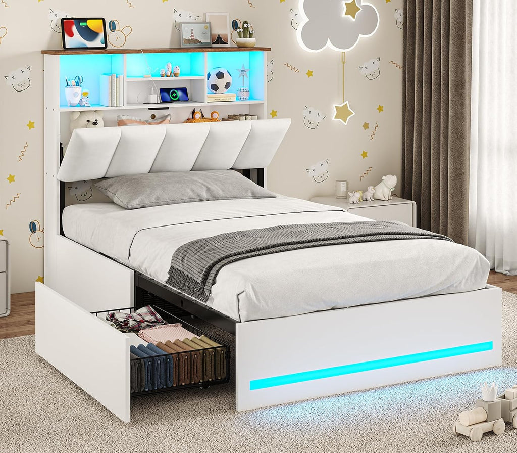 VIAGDO Twin Bed Frames with Bookcase Headboard, Wooden Bed Frame Twin Size with Charging Station, 4 Storage Drawers and LED Lights, LED Bed Frame with Type-C and USB, No Box Spring Needed, White