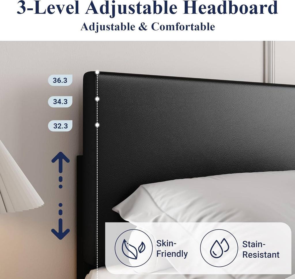 Allewie Queen Bed Frame with Adjustable Headboard, Faux Leather Platform Bed with Wood Slats, Heavy Duty Mattress Foundation, No Box Spring Needed, Noise-Free, Easy Assembly, Black