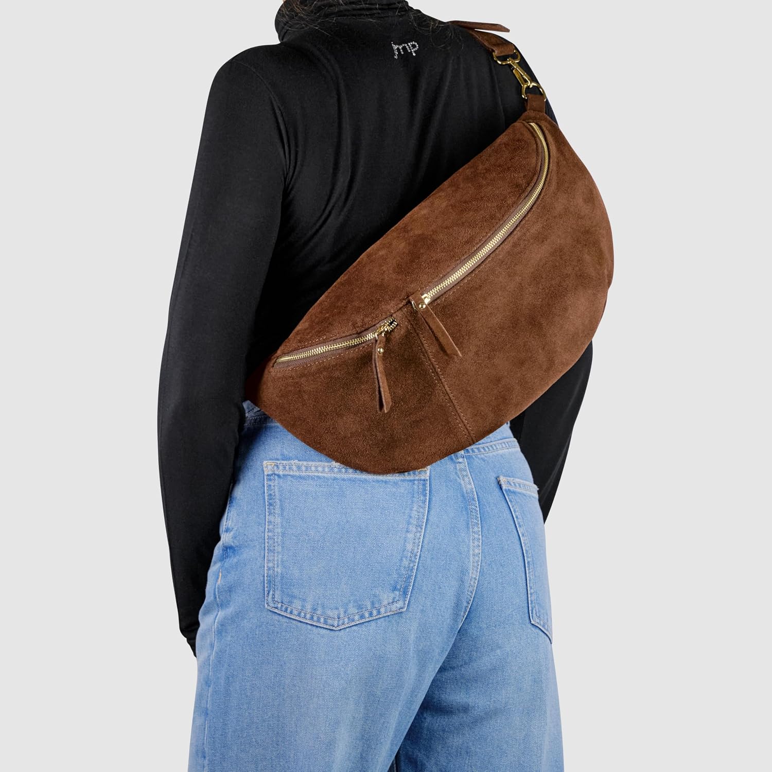 Italian Genuine Suede Crossbody Bag for Women with Zipper & Detachable Strap | Large Travel Chest Sling Fanny Pack (Brown)