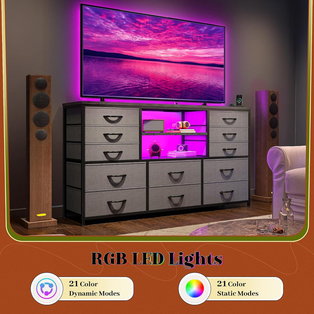 EnHomee 12 Drawers Dresser for Bedroom with LED Lights & Charging Station, TV Stands for 55/60'' TV, Fabric Dressers & Chests of Drawers with 3 Wooden Shelves for Hallway,Sturdy,Grey
