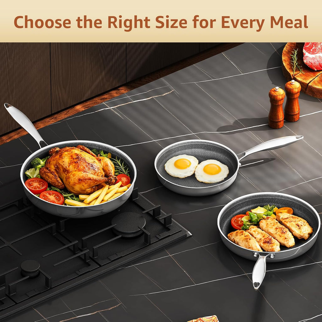 LOLYKITCH Frying Pan Set Nonstick, 8/10/12 Inch Stainless Steel Skillet with Detachable Handle and Glass Lids, Induction & Oven Safe, Professional Non-Toxic PFOA Free Pans for Everyday Cooking