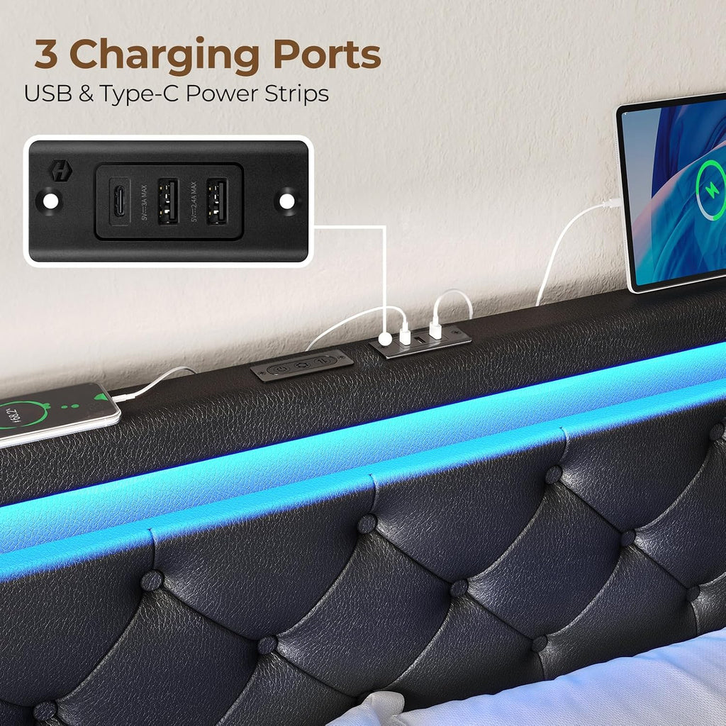 Rolanstar Full Size Bed Frame with Charging Station, LED Bed with Under Bed Storage, Adjustable Headboard 38.9/40.8 Inches, No Box Spring Needed, Noise Free, Easy Assembly, Black
