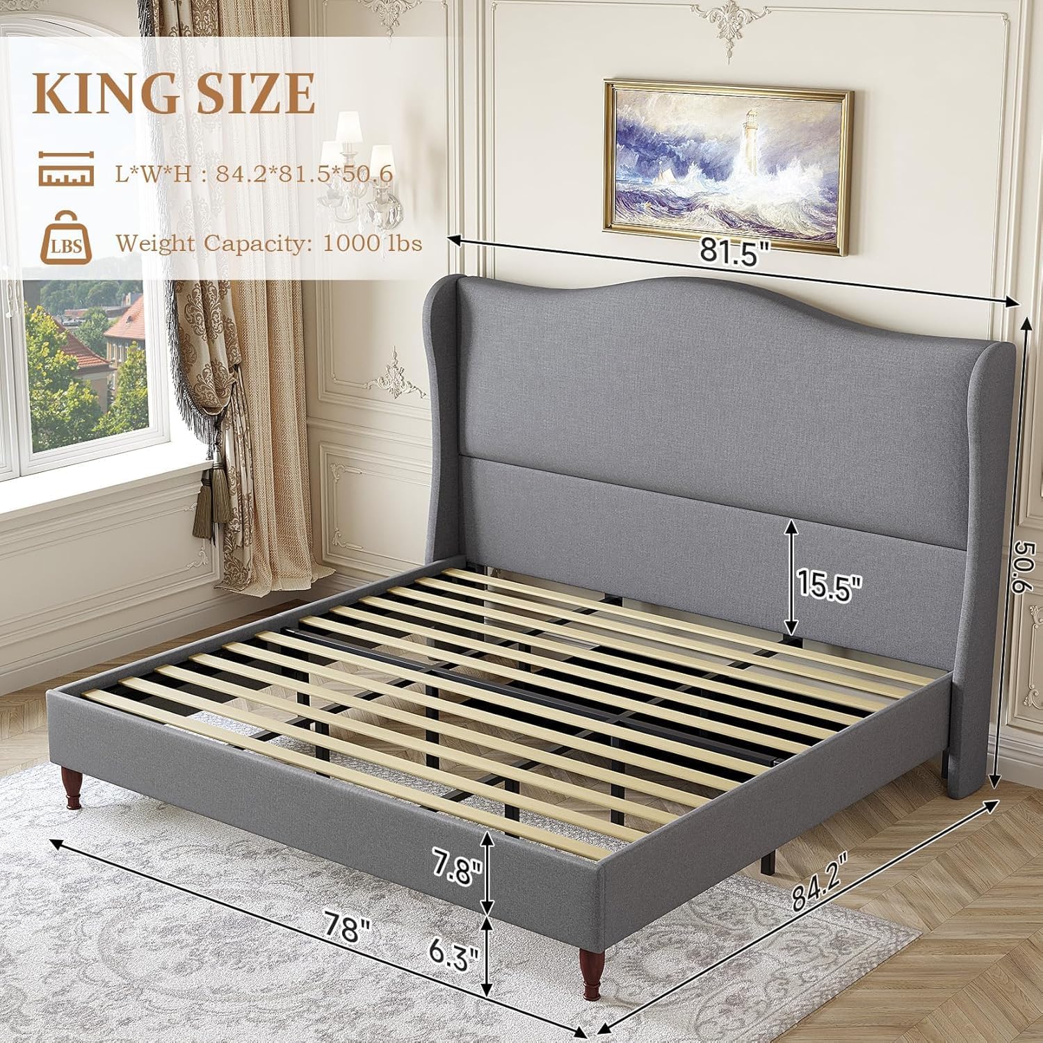 koorlian King Size Bed Frame Upholstered Platform Bed with 51' Tall Headboard Wingback, Soft Fabric, Retro Simple Style Platform Bed No Box Spring Needed, Easy Assembly, Grey