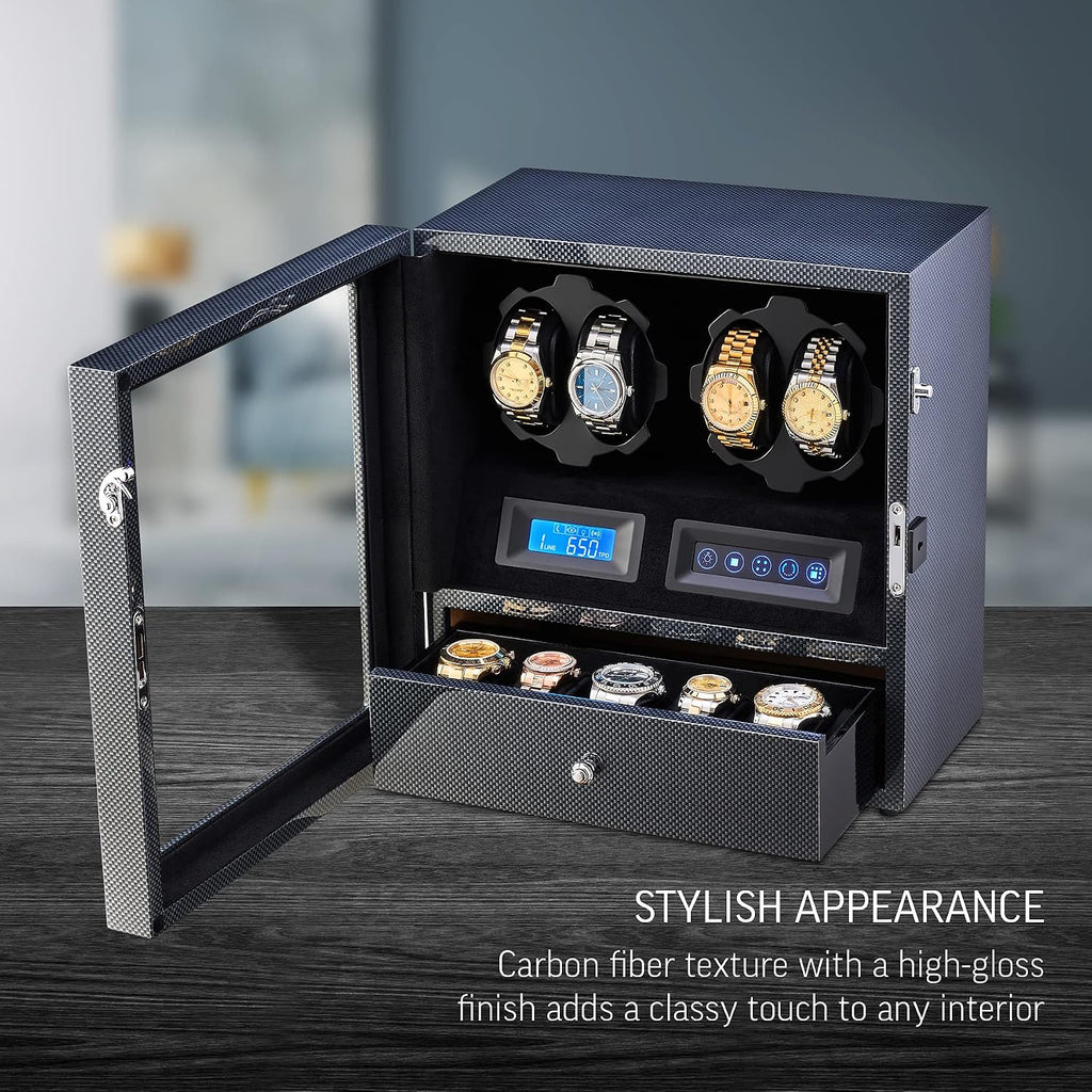 4 Watch Winder with 5 Watch Storage Space, LCD Display, Touch Control and Interior Light