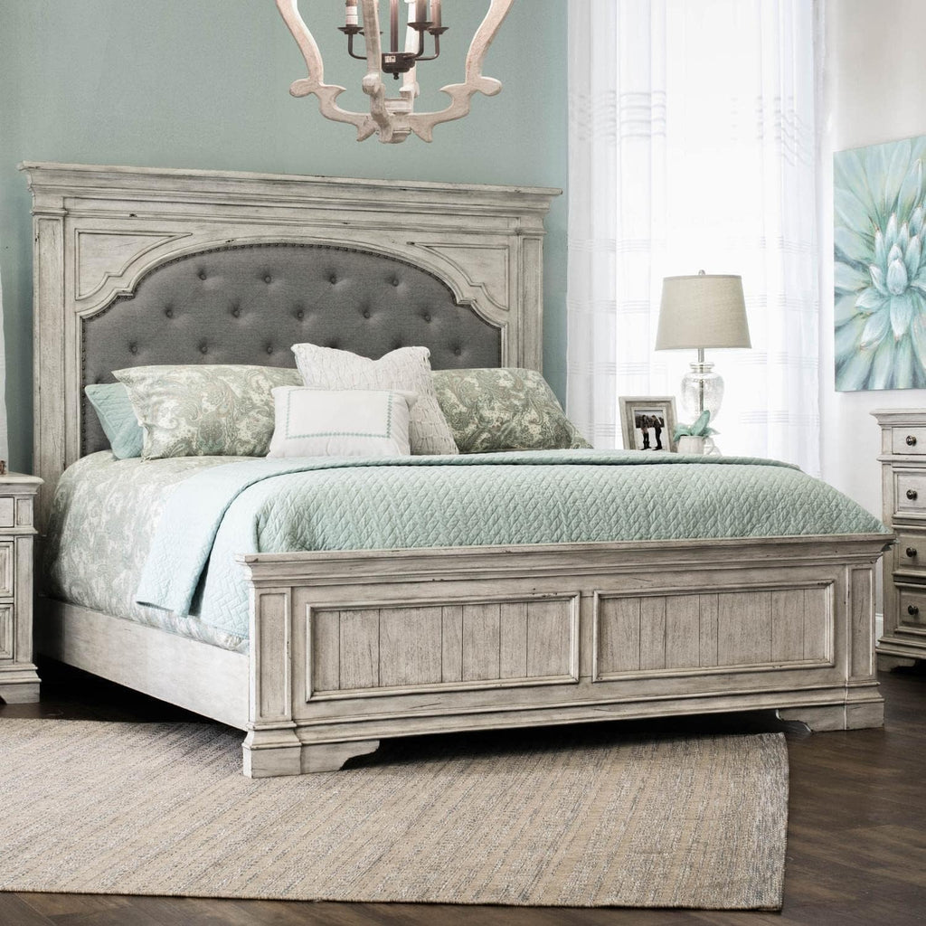 Steve Silver Company Highland Park 83.5' x 90' Farmhouse Wood & Fabric Upholstered Panel King Bed with Button Tufted Headboard, Low Vertical Planked Inset Panel Footboard, in Rustic Ivory Finish