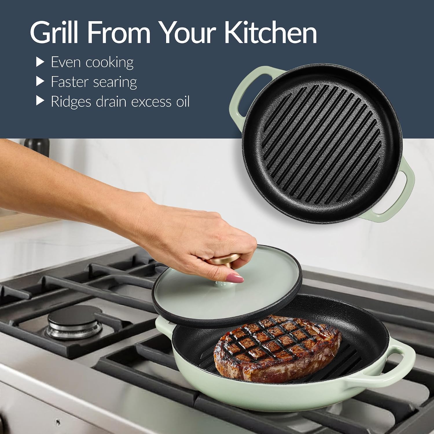 Best Choice Products Non-Stick Pot & Pan Cookware Set, Cast Iron, 2Qt Skillet W/Lid, 10' Grill Or Griddle Pan W/Press, 6Qt Enameled Dutch Oven, Non-toxic, For Cooking & Grilling - Sage