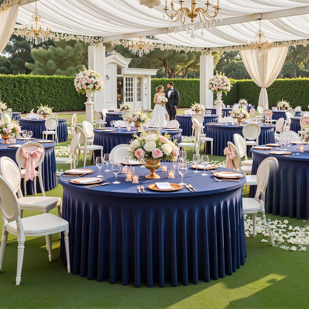 6 pk Navy Blue Round Spandex Tablecloths 60 in with Ruffled Skirt,Wrinkle Free High-Stretch 120 inch Table Cloth Round Fitted 5ft Tables,Spandex Table Covers 5ft for Forest Party Wedding Banquet