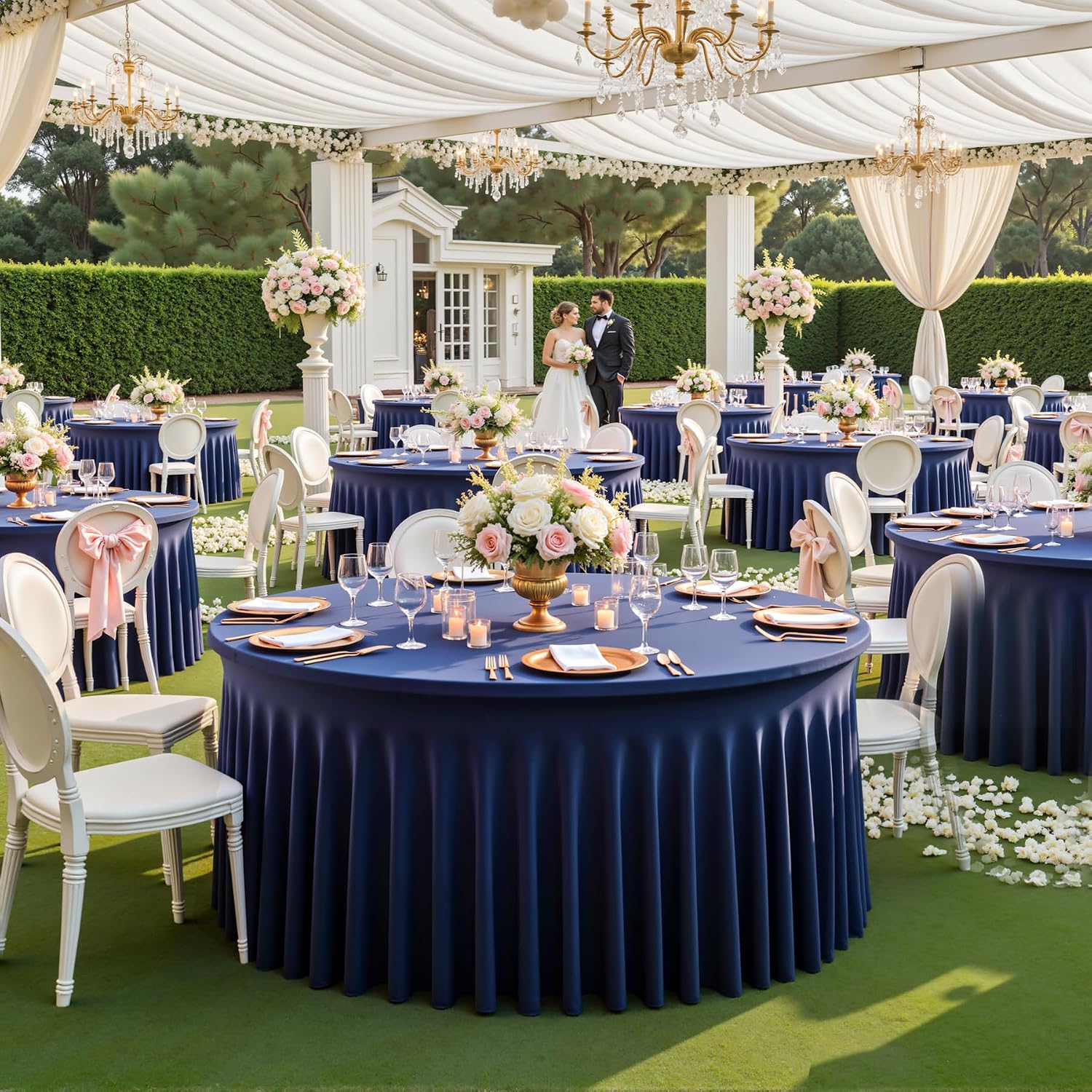 6 pk Navy Blue Round Spandex Tablecloths 60 in with Ruffled Skirt,Wrinkle Free High-Stretch 120 inch Table Cloth Round Fitted 5ft Tables,Spandex Table Covers 5ft for Forest Party Wedding Banquet