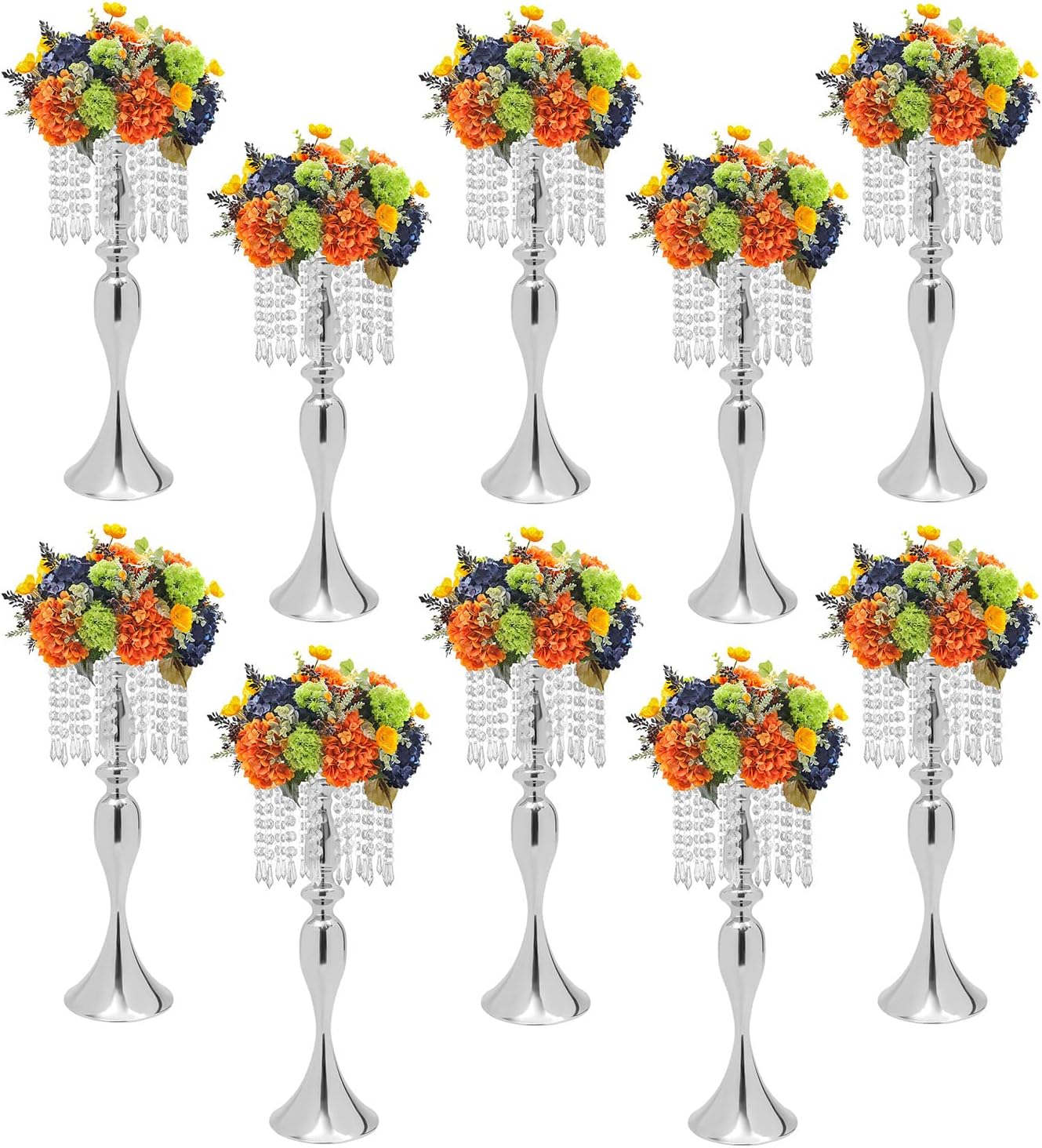 Silver Crystal Flower Stand Wedding Centerpieces for Tables, 10 Pcs Road Lead Tall Flower Holders Metal Flower Vase for Reception Tables Wedding Supplies Party Reception Dining Room, 21.3'H