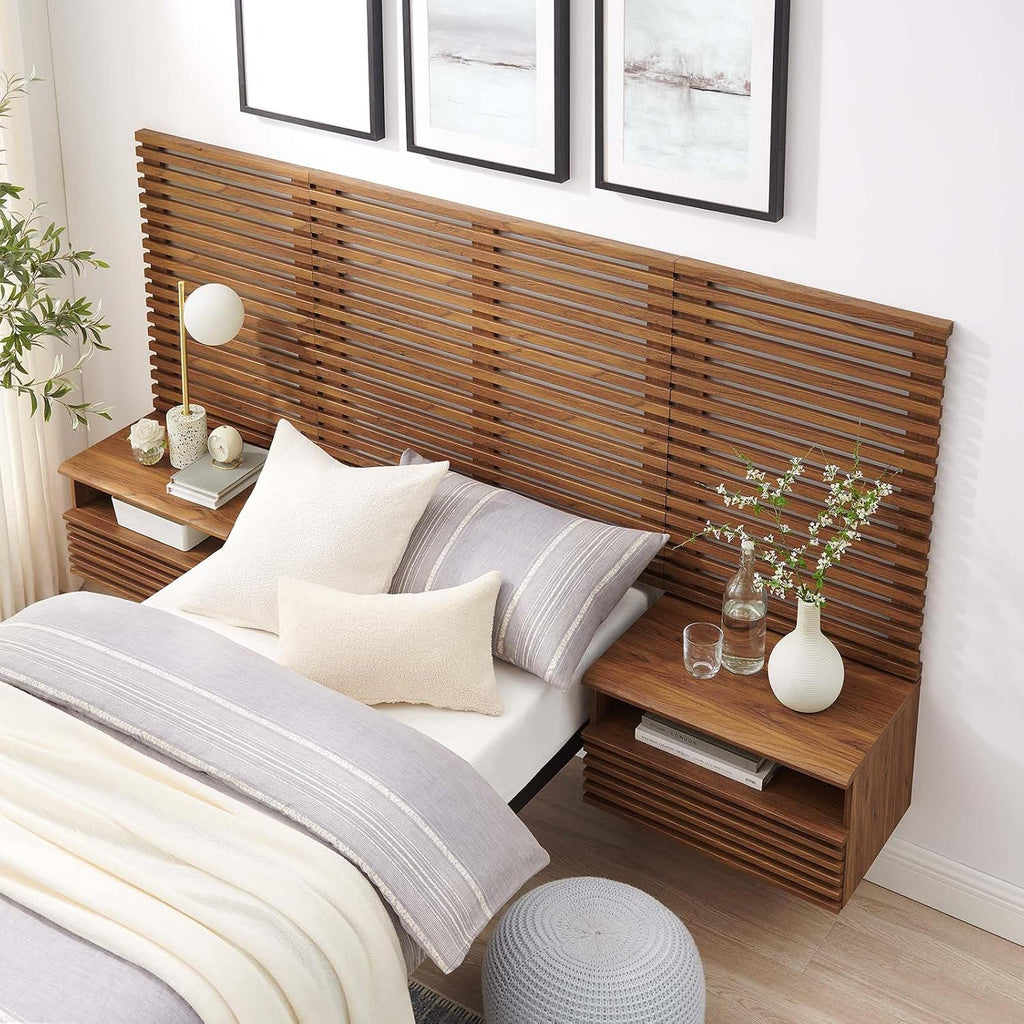 Modway Render Wall-Mount Headboard and Modern Nightstands Bedroom Set, Twin, Walnut