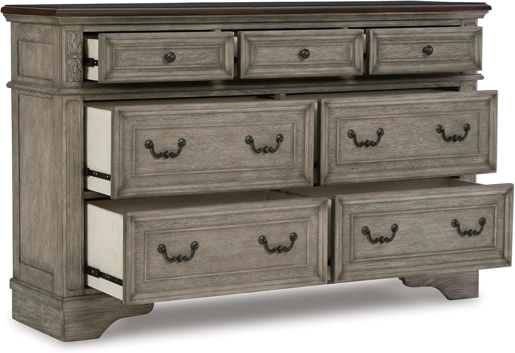 Signature Design by Ashley Lodenbay Casual Smooth-Gliding 7-Drawer Dresser and Mirror with Safety Stop, Light Gray & Dark Brown