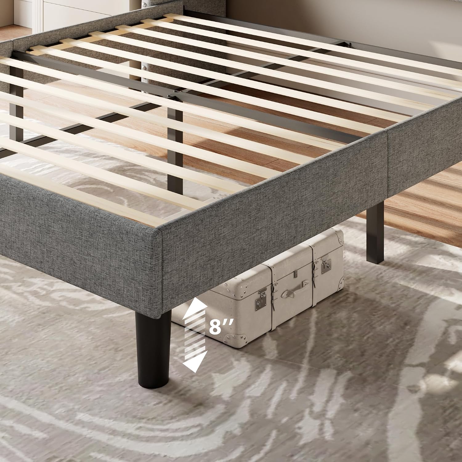 Feonase Queen Bed Frame with Luxury Wingback Upholstered Button Tufted Storage Headboard, Queen Platform Bed with Charging Station, Sturdy Wooden Slats Support, Noise-Free, Easy Assembly, Light Gray