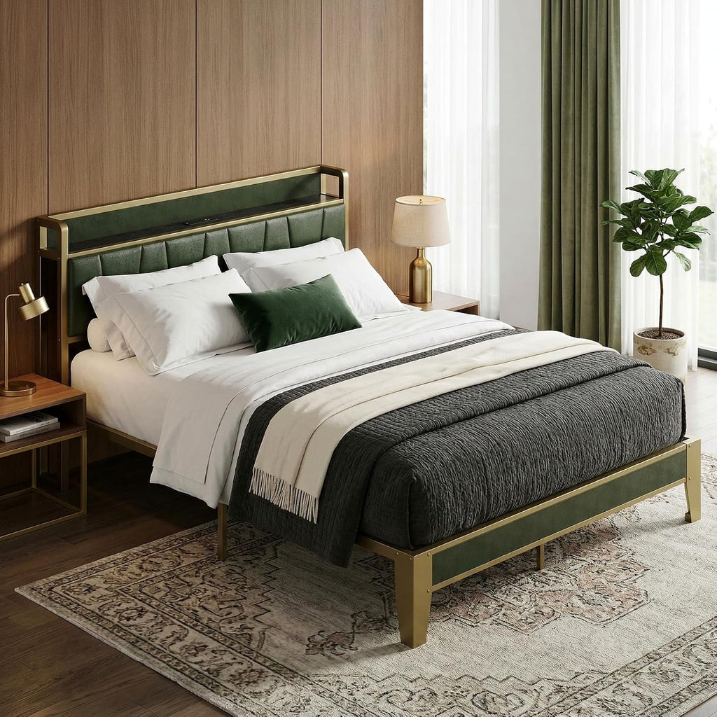 LIKIMIO Full Bed Frame, Storage Headboard with Charging Station, Solid and Stable, Noise Free, No Box Spring Needed, Easy Assembly (Dark Green)