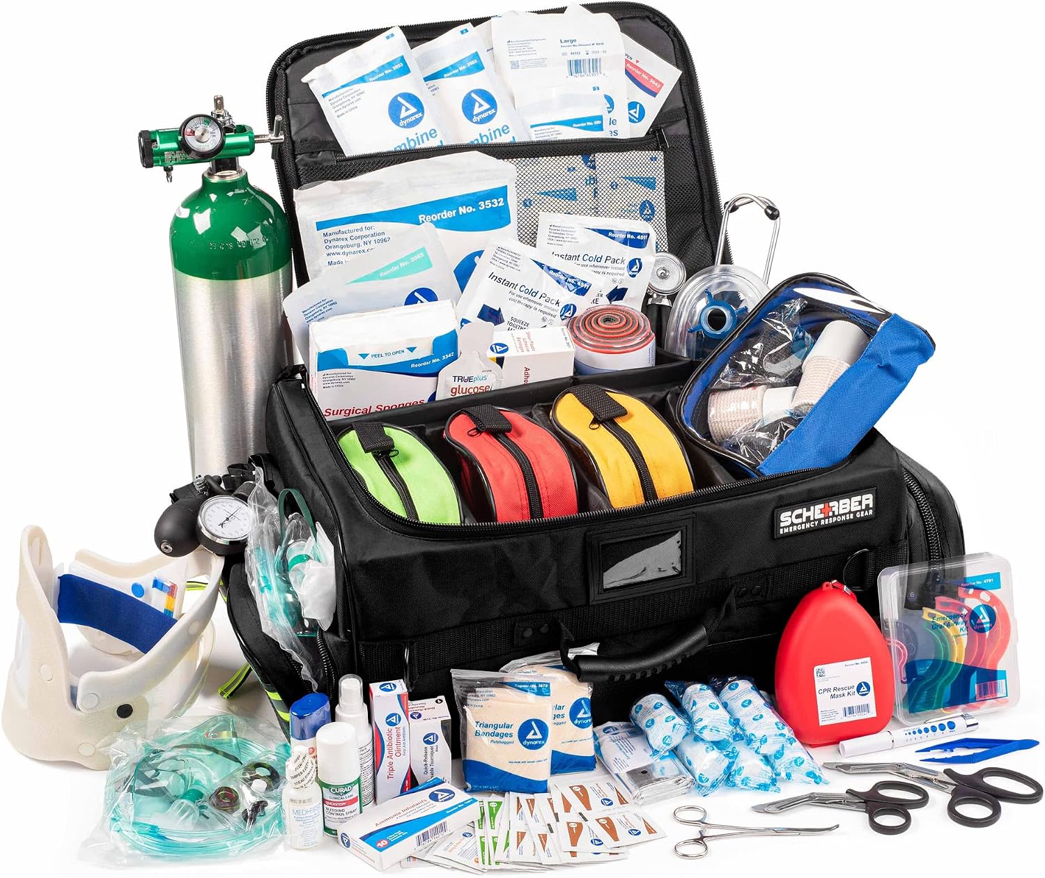 Scherber Fully Stocked First Responder Ultimate Professional EMT/EMS Trauma Kit | HSA/FSA Approved | w/10+ Compartments, Zippered Pockets, Dividers, Oxygen Access & 260+ First Aid Supplies (Black)