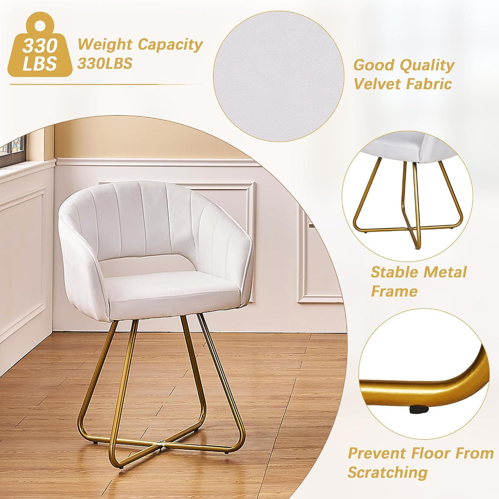 VECELO Velvet Accent Chair Set of 2, Luxury Vanity & Dining Chair with Gold Cross Base, 360°Swivel Upholstered Armchair for Living Room, Bedroom, Home Office, Pearl White