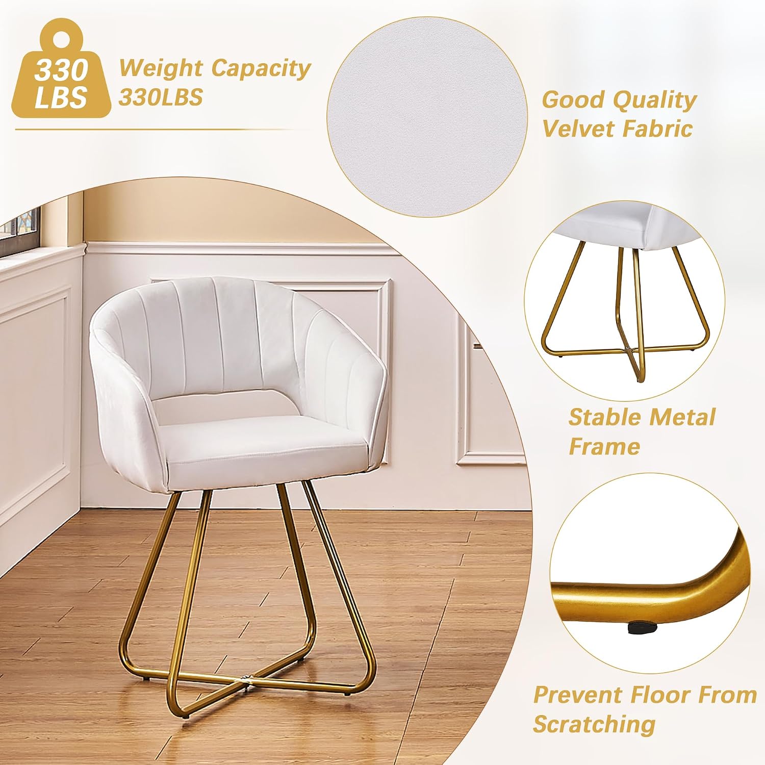 VECELO Velvet Accent Chair Set of 2, Luxury Vanity & Dining Chair with Gold Cross Base, 360°Swivel Upholstered Armchair for Living Room, Bedroom, Home Office, Pearl White