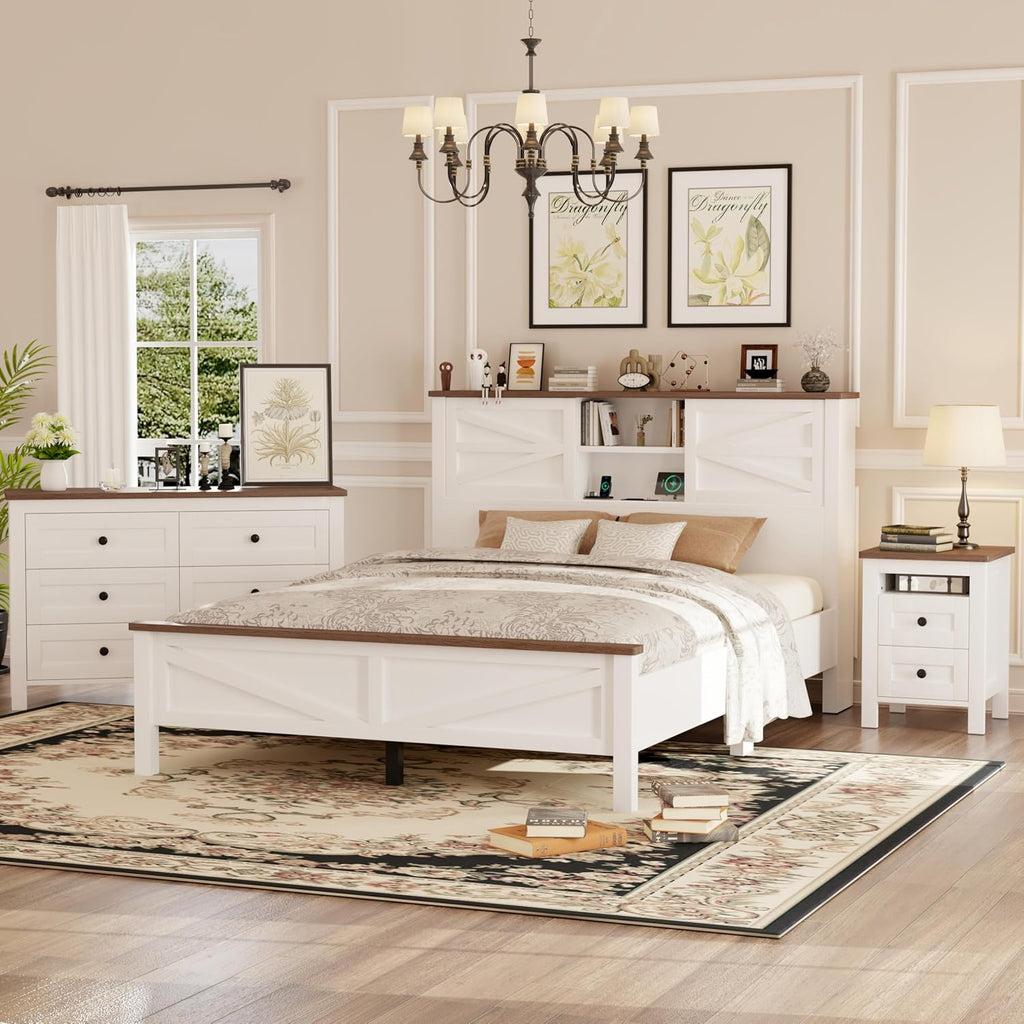LUMISOL 3-Piece Queen Size Bedroom Set, Wood Platform Bed with Barn Door Storage Headboard & Charging Stations, Nightstand and Dresser, Farmhouse Bedroom Furniture Set, White