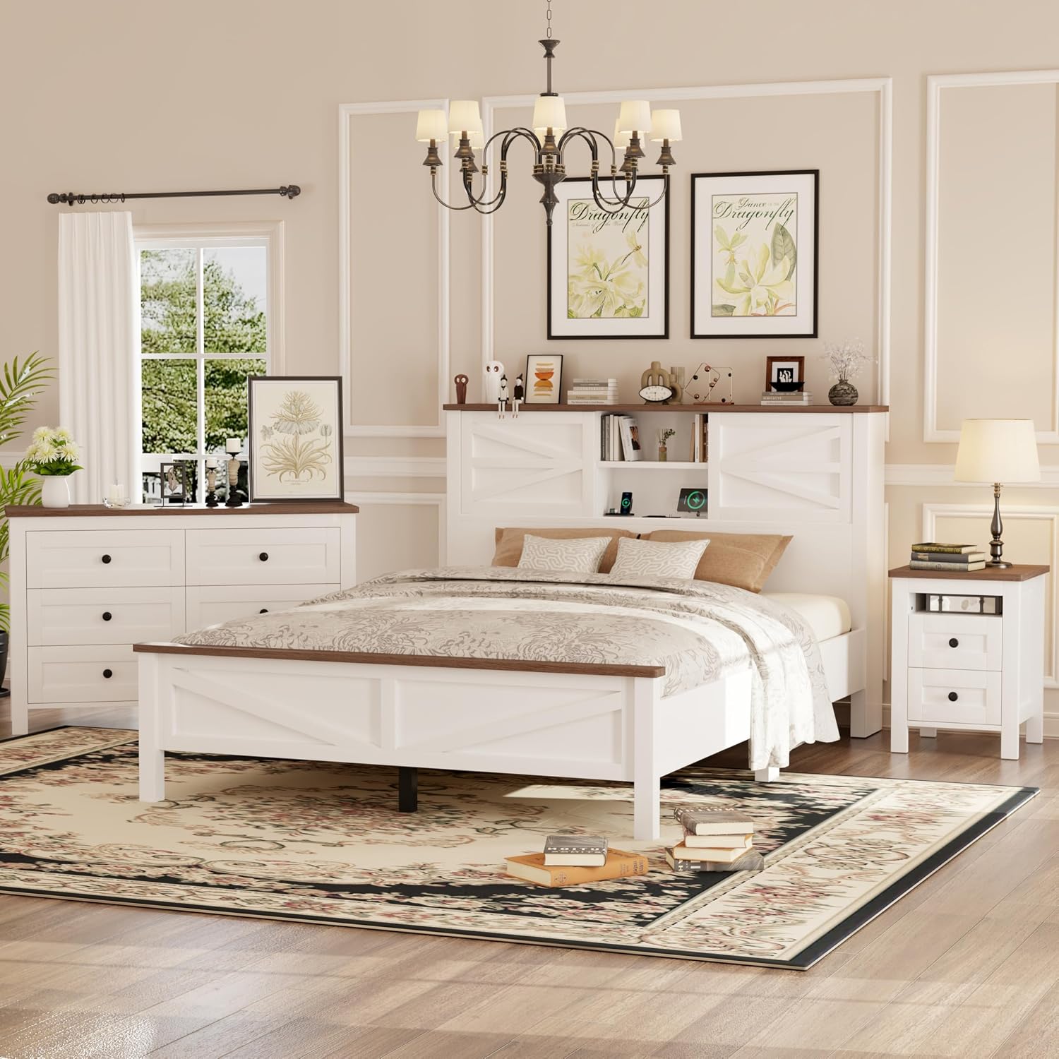 LUMISOL 3-Piece Queen Size Bedroom Set, Wood Platform Bed with Barn Door Storage Headboard & Charging Stations, Nightstand and Dresser, Farmhouse Bedroom Furniture Set, White