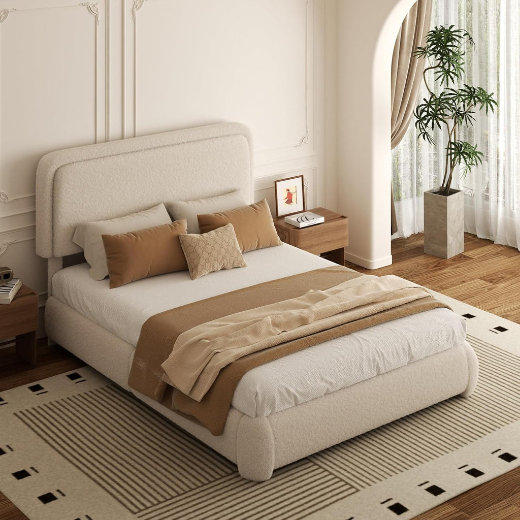 Full Bed Frame, Teddy Velvet Boucle Bed Frame with 43.3'/45.3' Adjustable Upholstered Headboard, Rounded Corners, Mattress Foundation, No Box Spring Required, Beige