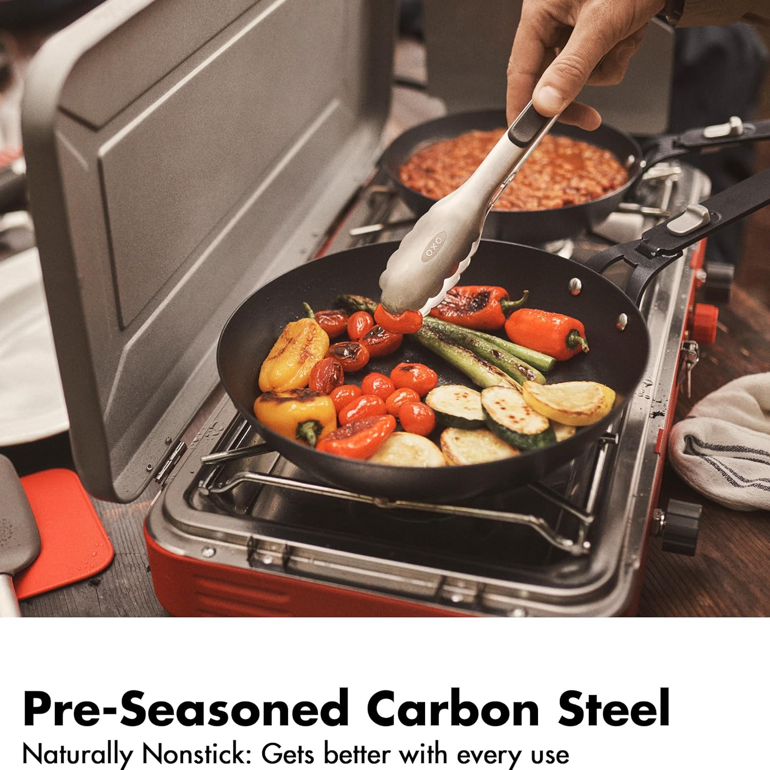 OXO Outdoor 8 Piece Camping Cookware Set, 10' Pre-Seasoned Carbon Steel Frying Pan Skillet, 2.25QT and 5QT Stainless Steel Saucepans with Lids, Removeable Handle, Trivet, Travel Bag, Space-Saving