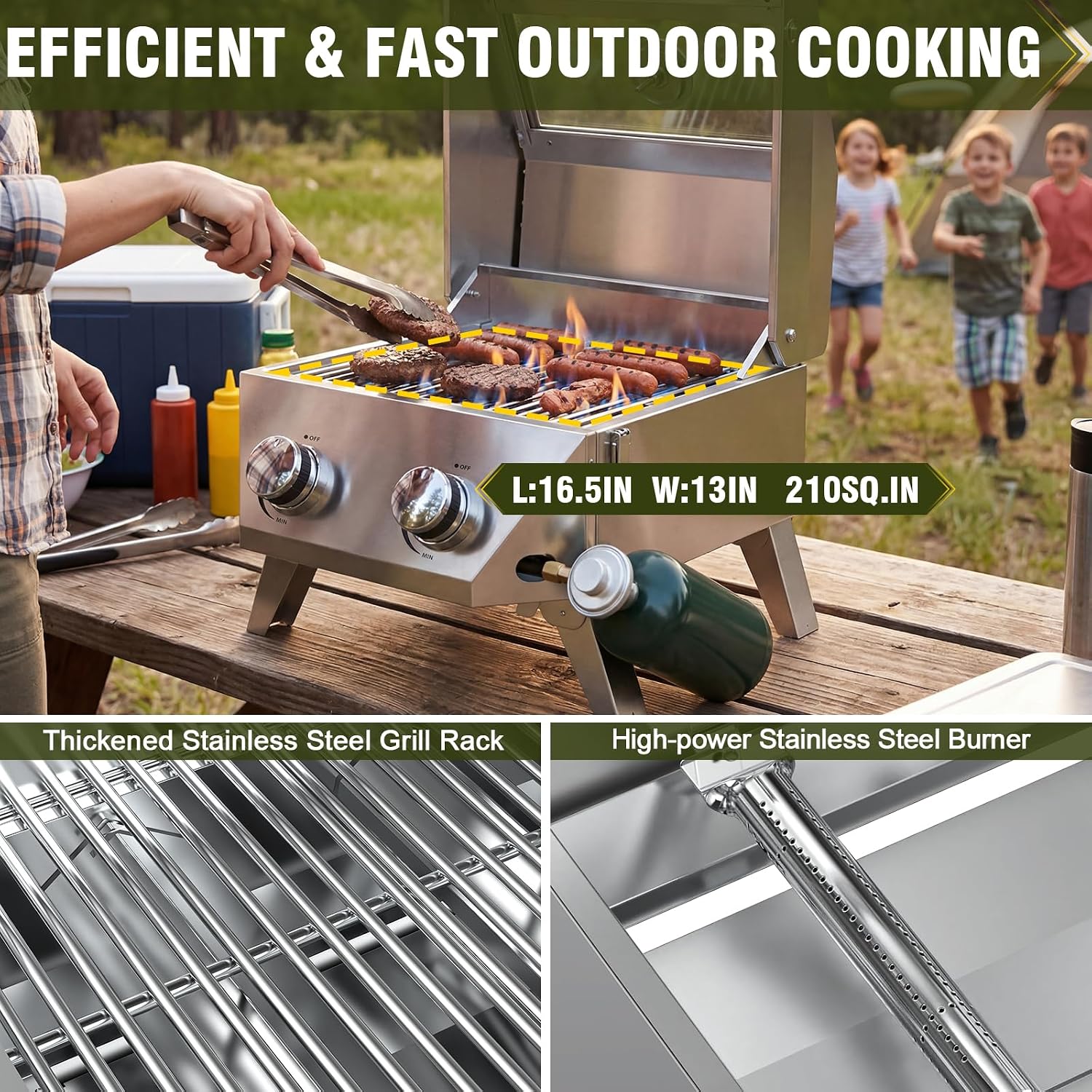BESTFIRE 2-in-1 Portable Propane Grill, 20,000 BTU 2-Burner Tabletop Gas Grill for Camping & RV, Stainless Steel BBQ with Viewing Glass Lid, Thermometer & Dual-Gas Connection