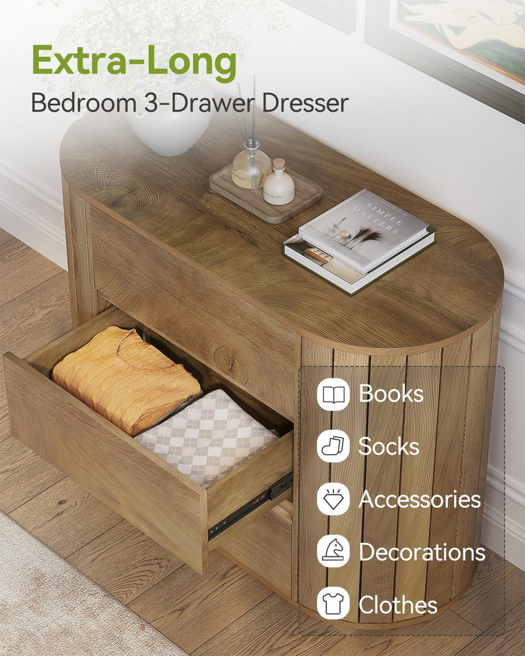 LITTLE TREE Large Nightstand, Oversized Night Stand Set 2, Slatted Side Design Wood Nightstand, 35' Wide End Tables, Modern Dresser with 3 Drawers for Bedroom,Entryway, Oak 2PCS