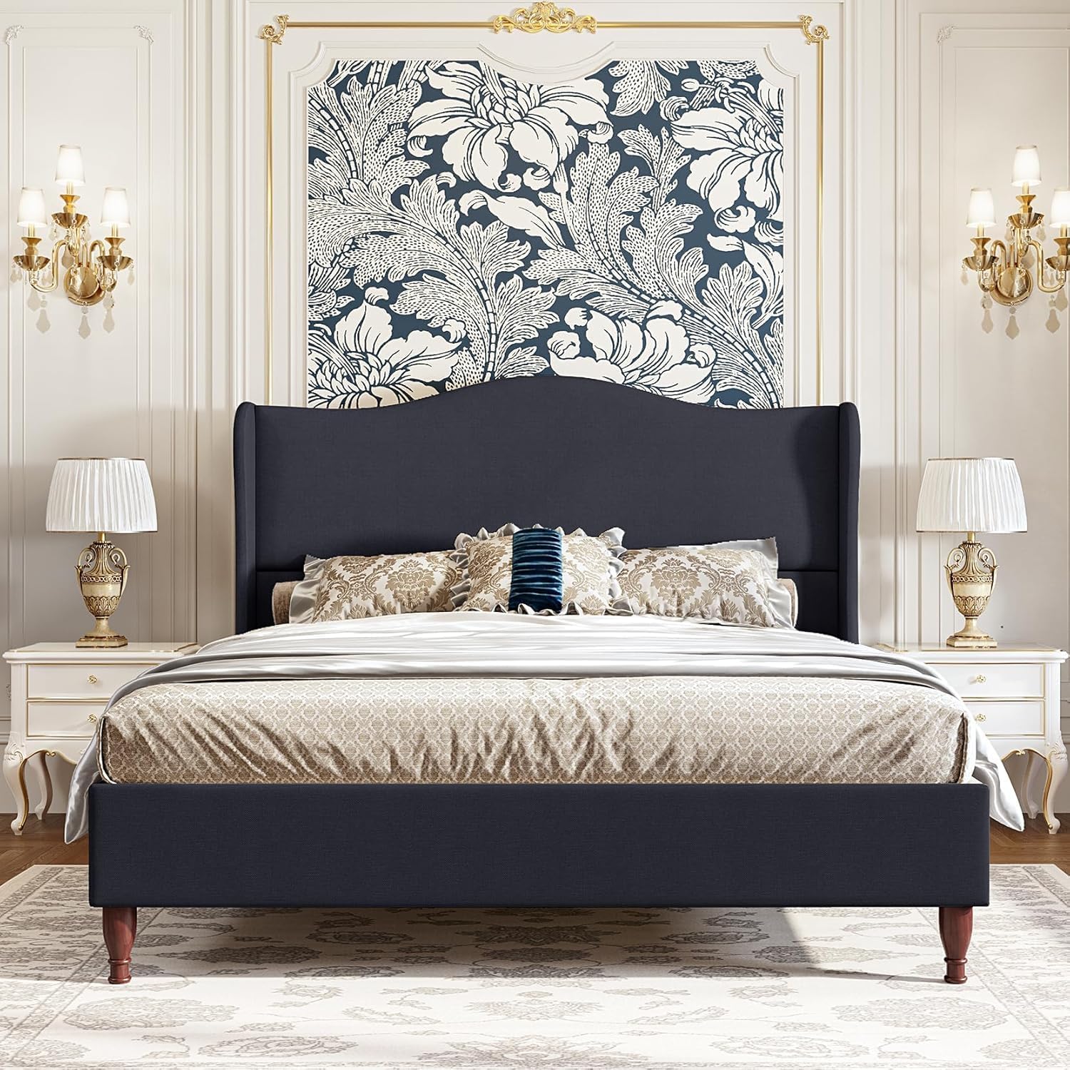 koorlian Full Size Bed Frame Upholstered Platform Bed with 51'' Tall Fabric Headboard and Wooden Slats Support, Retro Minimalist Style/Fully Upholstered/Easy Assembly, Dark Navy