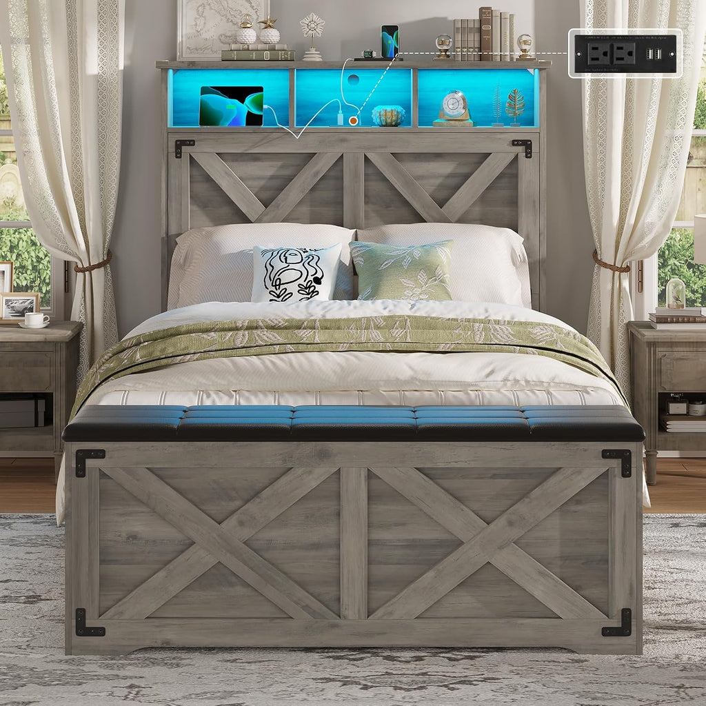 Hasuit Farmhouse Bed Frame Twin Size with Storage Headboard, Charging Station and LED Light, Wooden Twin Bed Frame with Storage Ottoman, Barn Door Design, No Box Spring Needed, No Noise (Oak Grey)