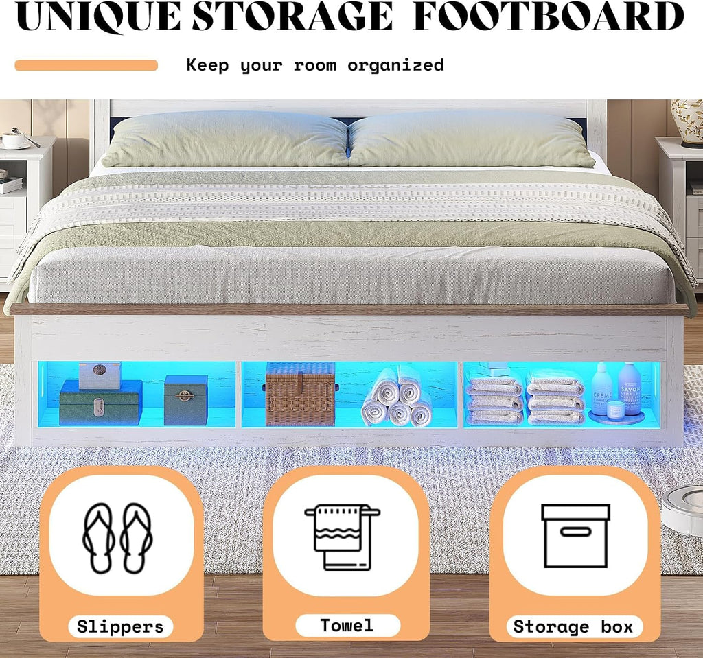 AMERLIFE Farmhouse Bedroom Furniture Set, Includes 2 Nightstands with Charging Station and 1 King Size Bed Frame with Bookcase Headboard, LED Light, Storage & USB-C Charging, Antique White