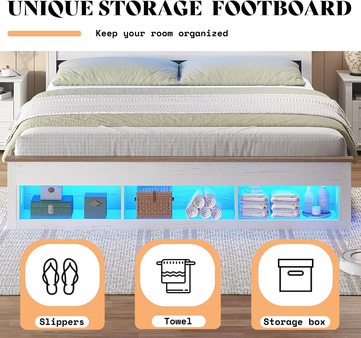 AMERLIFE Farmhouse Bedroom Furniture Set, Includes 2 Nightstands with Charging Station and 1 King Size Bed Frame with Bookcase Headboard, LED Light, Storage & USB-C Charging, Antique White