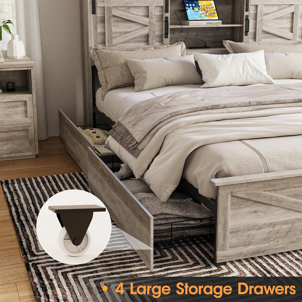 Fameill Farmhouse King Size Bed Frame with 4 Drawers and Bookcase Headboard, Sliding Barn Door Storage Shelves, LED Lights and Charging Station, No Box Spring Needed, Grey