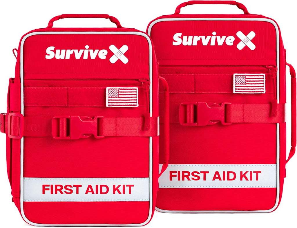 SurviveX Large First Aid Kit for Car, Travel & Home - Emergency Kit for Hiking, Camping, Backpacking and Outdoors - Includes Zip Stitch Wound Closure Strips (Pack of 2)