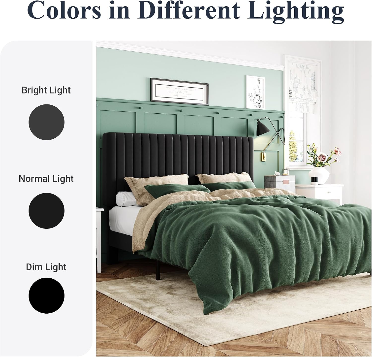 Allewie King Platform Bed Frame, Velvet Upholstered with Adjustable Vertical Channel Tufted Headboard, Mattress Foundation with Strong Wooden Slats, Box Spring Optional, Easy Assembly, Black