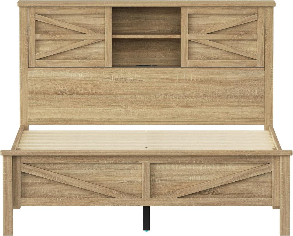 SOFTSEA 3 Pieces Farmhouse Bedroom Set, Queen Size Platform Bed with a Nightstand and 6-Drawer Dresser, Wood Platform Bed with Sliding Barn Door Headboard and Charging Station, Natural