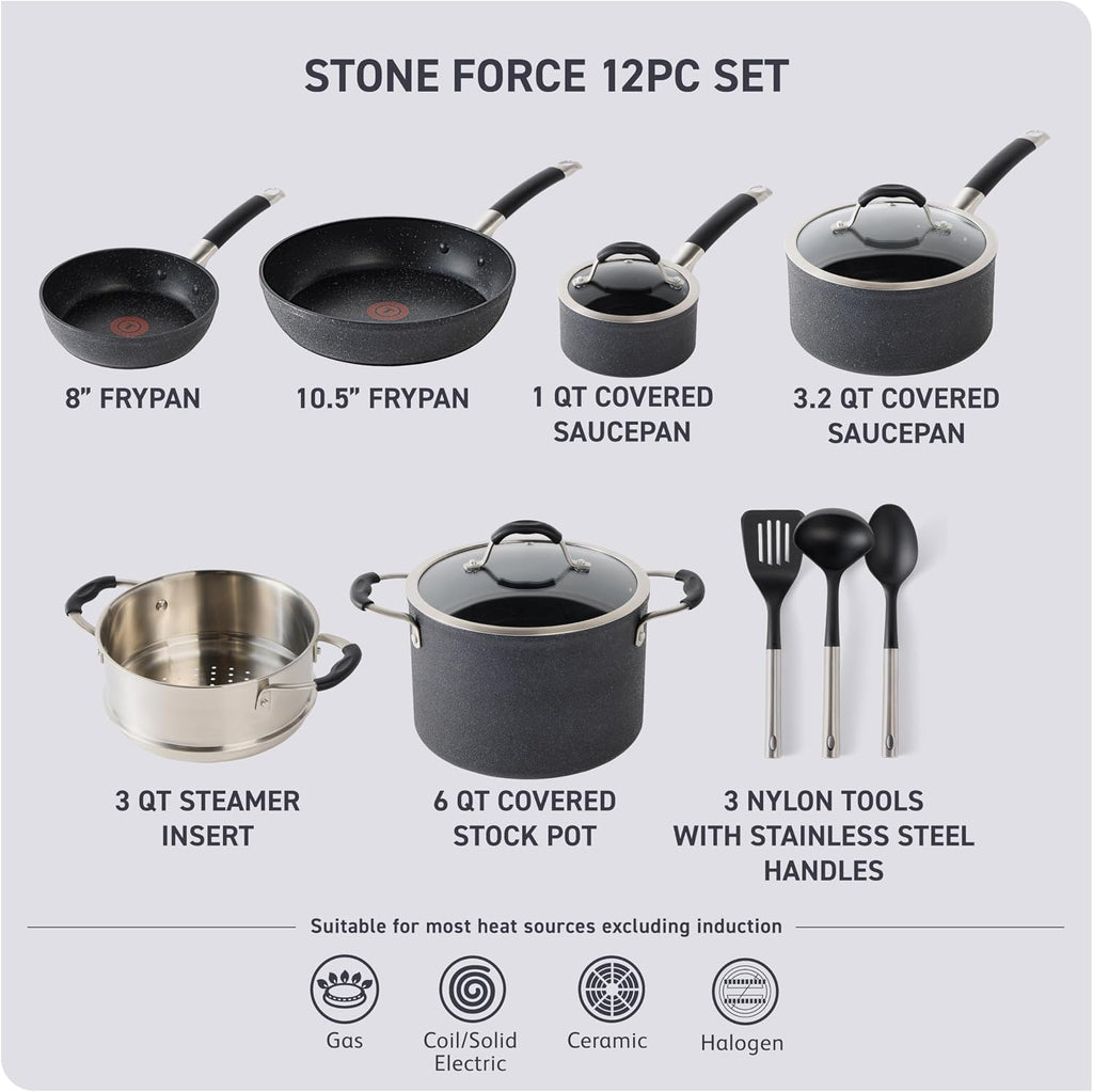 T-fal Stone Force Platinum Non Stick Cookware Set 12 Piece, Oven Broiler Safe 400°F, Kitchen Cooking Set w/Fry Pans, Saucepans, Dutch Oven, Tools, Steamer Insert, Lids, Cookware, Dishwasher Safe Black