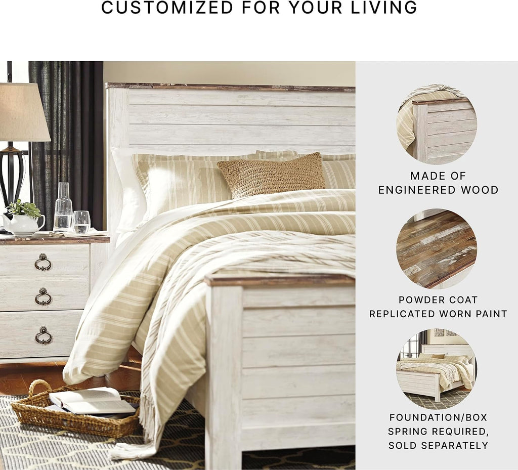 Signature Design by Ashley Willowton Shabby Chic Queen Panel Bed with Metal Slats, Foundation or Box Spring Needed, Whitewash