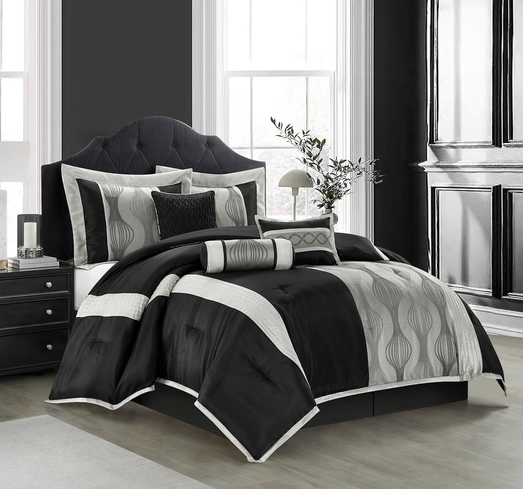 Stratford Park Elegant Black and Silver Comforter Set King Size, 7 Pieces Bedding & Collection, Jacquard All Season Comforter & Pillows, Ultra-Soft Microfiber