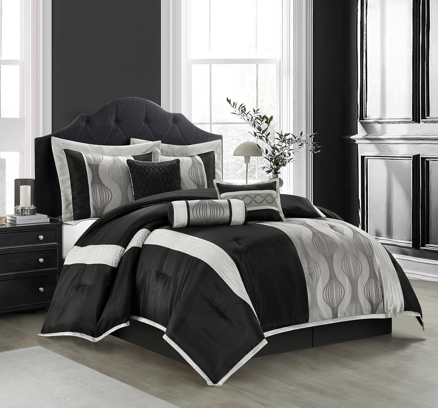 Stratford Park Elegant Black and Silver Comforter Set King Size, 7 Pieces Bedding & Collection, Jacquard All Season Comforter & Pillows, Ultra-Soft Microfiber