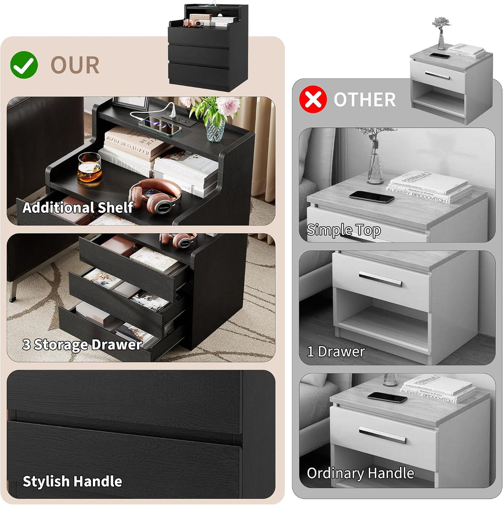 Rresyet Nightstand Set of 2, 26.8' Modern Black End Tables with Drawers & Built-in Charging Station for Bedroom, Upgraded Storage, Handle-Free Design